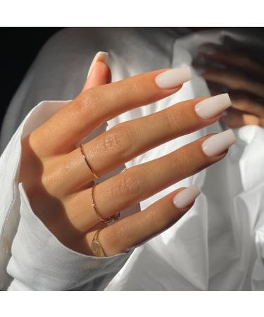KXAMELIE Milky White Glossy Fake Nails Set - 24PCS Medium Length Square Press On Nails for Women and Girls - Solid Color Stick On Nails for Daily Wear - Buy Online on GoSupps.com