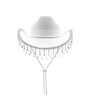MUMUWU Cowgirl Hat with Rhinestone Fringe Wide Brim Western Style Cowboy Hat for Women for Party Music Festival White