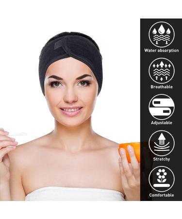 Spa Headband 4 Pack - Ultra Soft Adjustable Terry Cloth Wrap for Face Washing, Shower, Facial Mask - Black - Buy Online on GoSupps.com