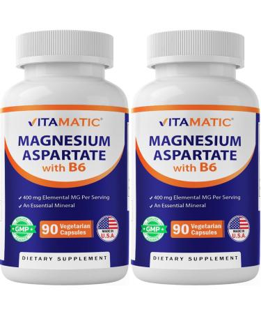 Vitamatic Magnesium Aspartate 400mg per Serving - 90 Vegetarian Capsules - Added B6 for Maximum Absorption - Supports Muscle, Joint, and Heart Health*- 2 Pack