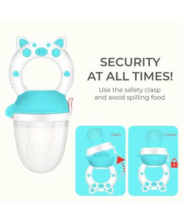 Baby Feeding Pacifier for Fruits - Food Grade Silicone Teether with Secure Cap - BPA Free - Boy & Girl - Cartoon Design - 4 Months+ (Pig - White Blue) - Buy Online on GoSupps.com