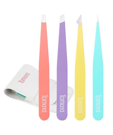 Tweezers for Eyebrows, Slant Tip and Pointed Eyebrow Tweezer Set Great Precision for Eyebrows Facial Hair, Ingrown Hair, Splinter, Blackhead and Tick Remover (4-piece) (Multi-color)