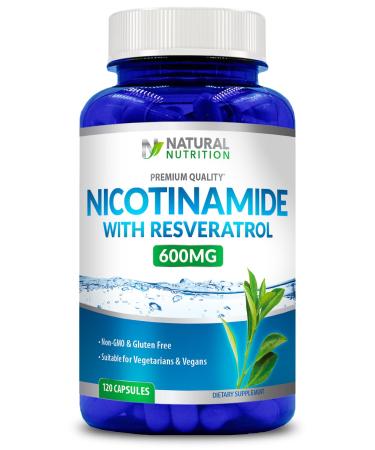 Generic Natural Vitamin Nicotinamide with Resveratrol 600mg (Vitamin B-3) 120 Veggie Capsules Gluten Free & Non-GMO