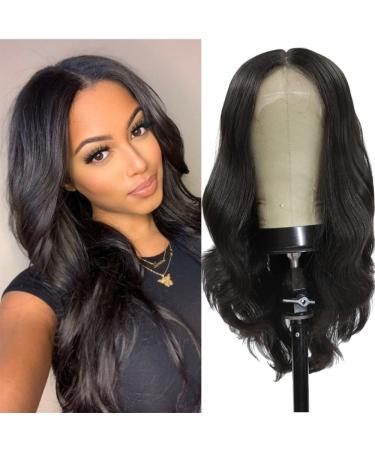 SOKU Body Wave Synthetic Lace Front Wigs with Baby Hair 18 Inch T Part Natural Wave Wigs Pre Plucked Dark Brown HD Transparent Lace Wigs for Women Synthetic Lace Front Wig Dark Brown 18 Body Wave