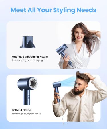 Professional Ionic Hair Dryer - High-Speed 110 000 RPM Blow Dryer for Fast Drying | Lightweight with Magnetic Nozzle - Perfect for Home & Travel | Blue Gray - Buy Online on GoSupps.com