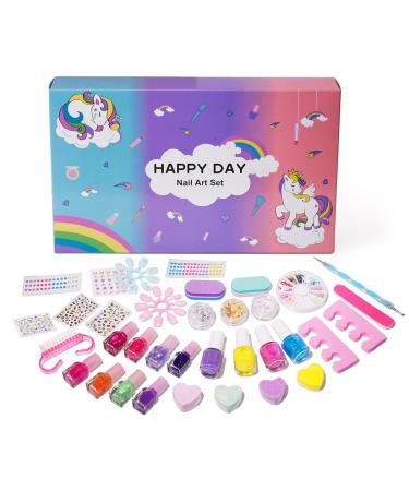 Nail Art Kit with Non-Toxic Nail Polish for Girls  34Pcs Kids Nail Design Tool Set with Peel-off Nail Polishes  Dotting Pen  False Nail  DIY Sticker  Nail File and More  Nail Decoration Gift for Girls Age 6-15