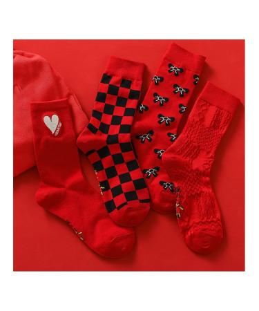 Chinese New Year Red Socks Fashionable Women's Sports Socks with Fun Embroidery Spring Festival Good Luck Socks 4 Pairs (Color : Red Size : 34-39) 34-39 Red