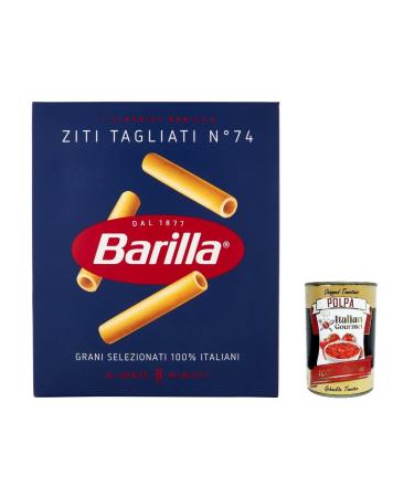 Italian Gourmet E.R. Barilla Ziti Tagliati No. 74 Pack of 10 pasta pieces 100% Italian made with durum wheat semolina 500g + Italian Gourmet Polpa di Pomodoro 400g can