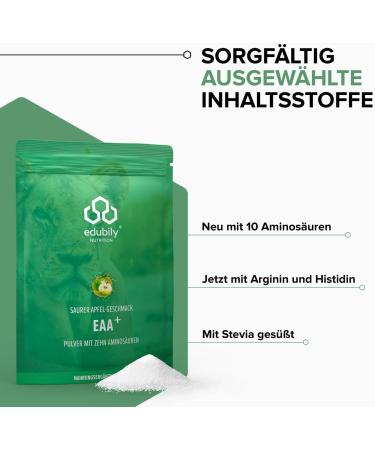 Edubily Nutrition EAA Powder - Vegan Amino Acids Complex | 10 Essential Amino Acids | Saurer Apple Flavor | Stevia Sweetened | 400g - Shop Internationally - Buy Online on GoSupps.com