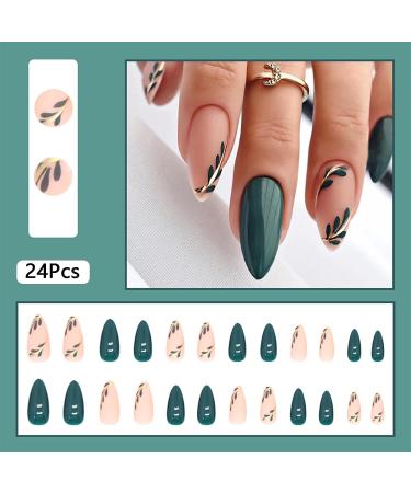 Dark Green Almond Press on Nails with Gold Line & Leaf Design | 24Pcs Matte & Glossy Acrylic Fake Nails for Women & Girls - Buy Online on GoSupps.com
