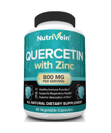 Nutrivein Quercetin 800mg with Zinc - Plant Pigment Flavonoid - Immune System Booster - 30 Day Supply (60 Capsules, 2 Daily) Quercetin w/ Zinc