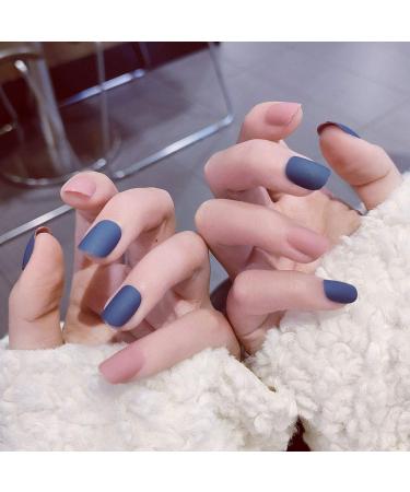 Sethexy matt square short wrong nails blue and pink jump color fake nail in the style complete cover 24st press on acrylic tips for women and girls