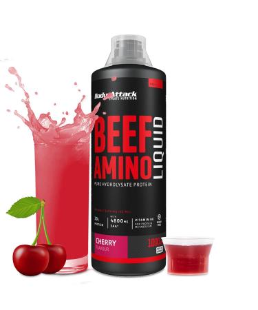 Body Attack Beef Amino Cherry 1000ml - Made in Germany - Fruity delicious & liquid protein source 30g protein per daily ration high -dose amino acids from beef 4800mg EAA & 2100 mg BCAA cherry