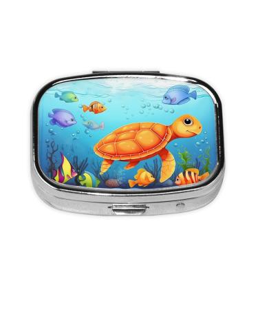Turtle and Fish Printing 2 Compartment Small Pill Case Cute Small Pill Box Purse Pill Boxs Travel Pill Organizer for Pocket Purse and Travel Gifts
