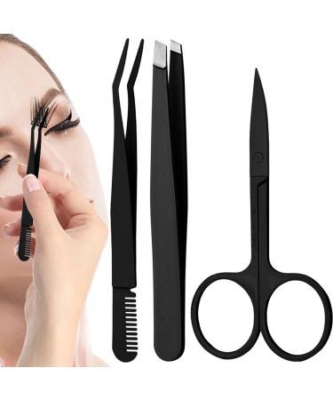 Eyebrow Tweezer Scissors - Set of 3 Stainless Steel Salon Eyebrow Tweezers Slant Tip Women Girls Precision Eyebrow Shaping Tweezers for Craft Classes Bedroom black style