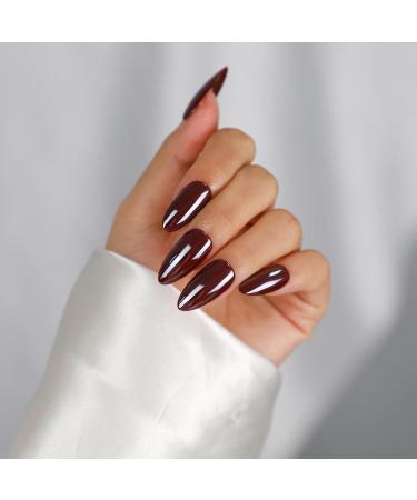 Shop OIFEN Press On Nails - Almond Medium Chrome Burgundy Red | 30pcs Reusable Fake Nails with Nail Glue | Mahogany Glossy Finish - Buy Online on GoSupps.com
