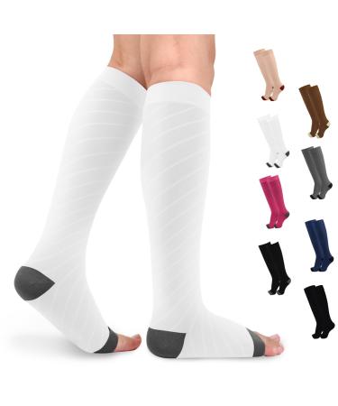 Knee High Medical Compression Socks for Women & Men 20-30 mmHg Graduated Compression Stockings Open Toe Circulation Support Pressure Hose for Sports Flight Edema Varicose Veins DVT White Gray XX-Large