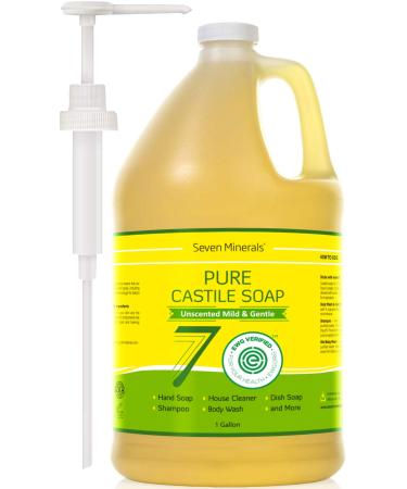 Seven Minerals EWG Verified Castile Soap  No Palm Oil  Unscented Mild & Gentle Skin Cleaning Agent  For Sensitive Skin  Baby Wash  Soothing  Non GMO & Vegan Formula with Organic Carrier Oils 128 Fl Oz (Pack of 1) An Unsc...