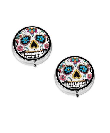 Skull Printed Mini Round Pill Box Pill Box 3 Compartment Medicine Pill Case Pill Organizer Travel Pillbox Portable Pill Box for Pocket Home Office Use
