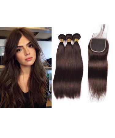 MILA 3PC Extensions Dark Brown Hair smooth 100% Remy Real Hair Brazilian Virgin Hair Bundles Dark Brown with Lace Closure (10 "12" +10 "Closure)