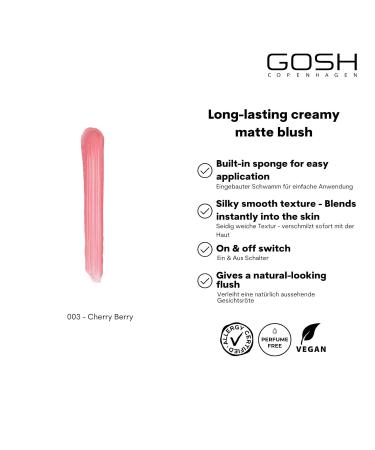 Gosh Cream Blush Matte - Vegan Liquid Blush for Fresh Finish | Allergy Certified | 003 Cherry Berry - Buy Online on GoSupps.com