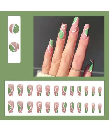 Justotry 24 Pieces Ballerina Press-On Nails - Short White & Green Swirl Acrylic Fake Nails for Women - Artsy Nail Art Design - Buy Online on GoSupps.com