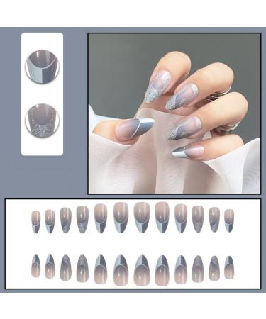 Justotry 24-Piece Glitter Silver Almond Press-On Nails | Short Gray French Artificial Fingernails for Women | Stylish Oval Acrylic Nail Design - Buy Online on GoSupps.com