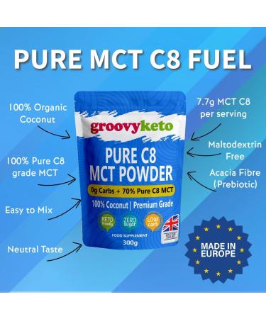 Groovy Keto Pure C8 MCT Powder - Instant Ketone Energy | 100% Pure Caprylic Acid | Enhances Ketosis & Fasting - 300g - Buy Online on GoSupps.com
