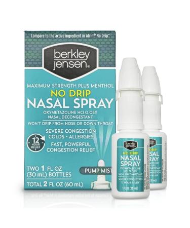 berkley jensen No Drip Severe Congestion Nasal Spray - Maximum Strength Decongestant with Oxymetazoline HCl & Menthol - Pump Mist Applicator No Steroid 12 Hour Relief 1 Fluid Ounce (Pack of 2) 1 Fl Oz ( PACK OF 2)