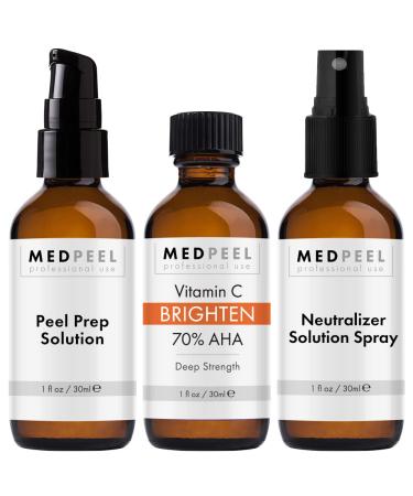 MedPeel 70% AHA & Vitamin C Brightening Essential Peel Kit Includes Peel Prep Neutralizer Deep Strength Professional Grade Chemical Face Peel Reduces Age Spots 1oz/30ml (Kit of 3)