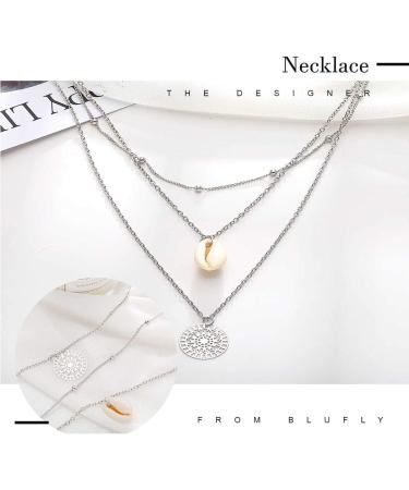 Layered Coin Pendant Necklace | Silver Shell & Beads Jewelry for Women | Boho Style Fashion - Buy Online on GoSupps.com