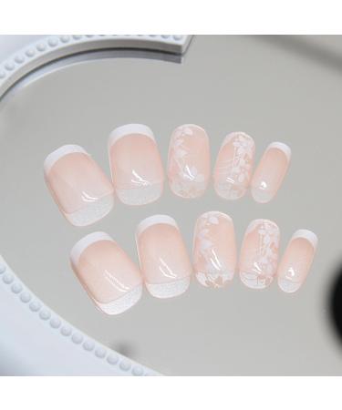 24 Pieces Short Press On Nails - Nude Angular Full Cover with White Flowers | French Acrylic Fingernails for Women & Girls | DIY Manicure Decoration - Buy Online on GoSupps.com