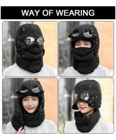 Winter Thermal Trapper Hat with Glasses - Windproof Ski Mask Cap in Black - Buy Online on GoSupps.com