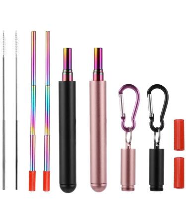Chargenyang 2 Pack Telescopic Reusable Straw Collapsible Stainless Steel Straws Portable Metal Drinking Straws with Aluminum Key-Ring Case & Cleaning Brush for Travel Home Work.(Black and Rose Gold)