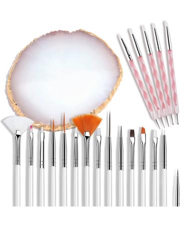 AUOCATTAIL Nail Art Design Tools 15pcs Painting Brushes Set with 5pcs 2-way Dotting Pens & A Gold-rimmed Resin Palette Nail Art Brushes Kits Nail Art Supplies Nail Art Accessories, White 2# White