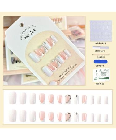 French Tip Press on Nails - Short Square Press On Nails with Nail Tips Drill chain Design Glossy white press on nails Acrylic False Nails Cute Artificial Nails - Buy Online on GoSupps.com