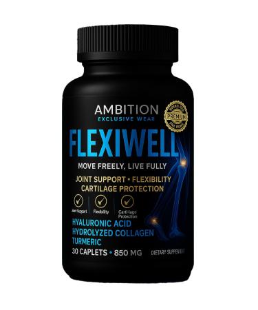 Ambition Flexiwell Joint Support Supplement with Hyaluronic Acid Collagen Turmeric 30 Caplets 850mg