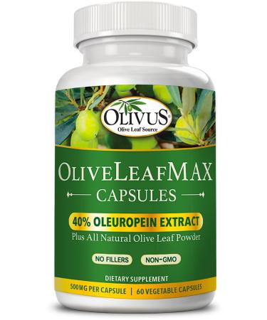 OliveLeafMAX Olive Leaf Extract (40% Oleuroepin) + Organic Olive Leaf Powder + No Fillers + 60 Vegetarian Capsules + Sourced from Spain and Manufactured in USA at GMP Facility 1 Count (Pack of 60)