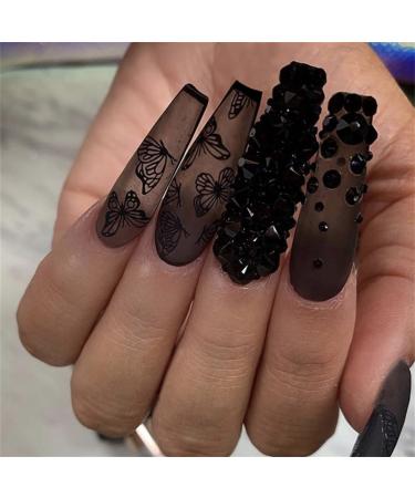 VOTACOS Press on Nails Long Coffin Fake Nails Black False Nails with 3D Rhinestone Butterfly Design Matte Full Cover Stick on Nails for Women G2 BLACK 3D