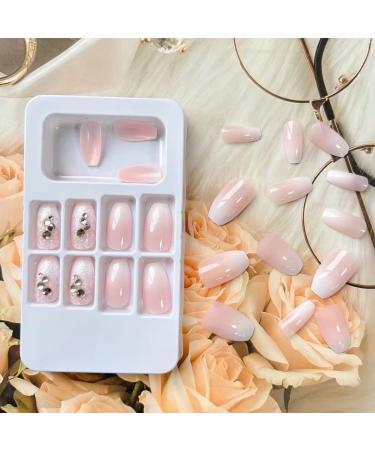 Glossy Pink White Medium Coffin Press On Nails - 24Pcs | Summer Nail Art with Rhinestone & Glitter | Full Cover Acrylic Stick On Nails for Women - Buy Online on GoSupps.com