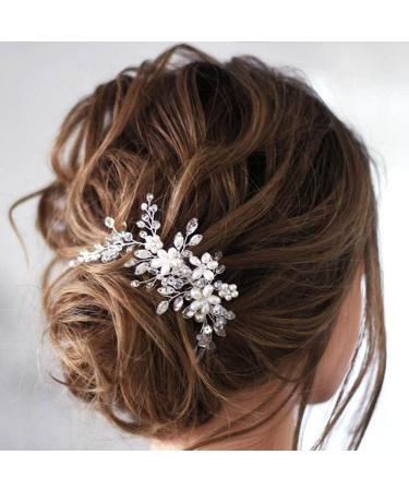 Prosy Bridal Wedding Flower Hair Comb Slide - Silver Crystal Hair Accessories & Rhinestone Headpiece for Women & Girls - Buy Online on GoSupps.com