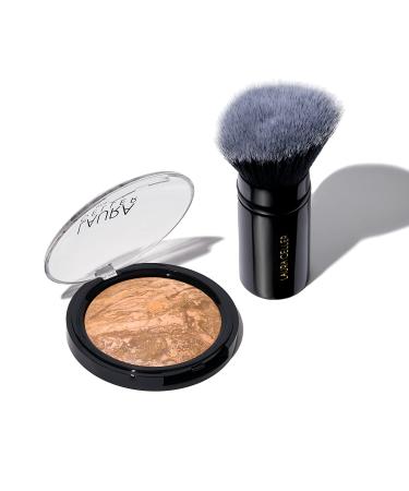 Get Glowing! Baked Balance-N-Glow Illuminating Foundation, Sand & Retractable Kabuki Brush for Liquid, Cream, and Powder Face Makeup, Black Aluminum Handle