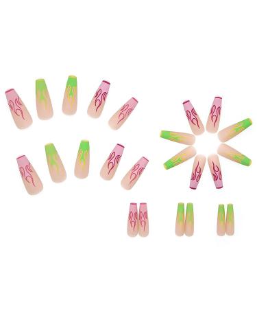 BABALAL Long Pink Green Flame Press on Nails with Nail Glue - 24pcs Ballerina Acrylic False Nails for Women and Girls - Buy Online on GoSupps.com