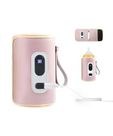 Portable Milk Bottle Warmer USB Baby Bottle Warmer 4in1 Waterproof Automatic Insulation Electric Bottle Warmer 5 Adjustable Temperature with LCD Display for Outdoor/Car-Pink(Bottle not Included)