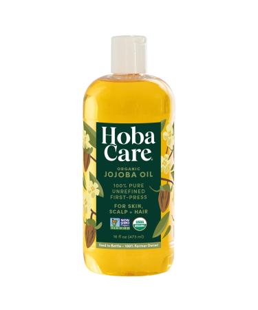 HobaCare Organic Jojoba Oil for Hair, Skincare, Face, Body, Scalp, Nails, Beard Care, Skin Massage - Unrefined Carrier Oil - 100% Pure, Hexane Free, Moisturizing (16 oz) 16 Fl Oz (Pack of 1) Organic Jojoba 16 fl oz