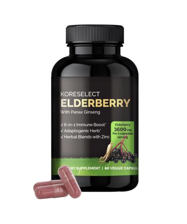 KORESELECT Elderberry Capsules with Panax Ginseng - Immune Support 6-in1 Herbal Blend with Zinc Ginger Echinacea Reishi Mushrooms - 60 Capsules