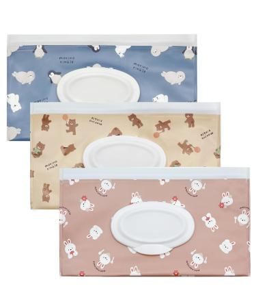 Baby Wipe Dispenser 3 Pack Baby Wet Wipe Pouch Travel Wipe Case Reusable Refillable Wet Wipes Holder Portable Carrying Pouches - KAMHBE (Animal)