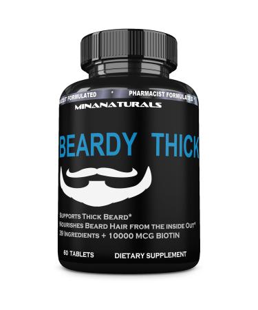 MINANATURALS BEARDY Thick Beard Growth Vitamins for Men, B7 Biotin 10000 mcg, Keratin, Collagen, Silica, and 36 More. Grow Beard Thicker, Stronger. Facial Hair Growth Treatment. 60 Tablets
