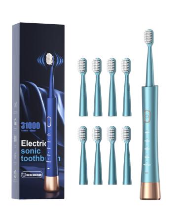 USB Rechargeable Sonic Electric Toothbrush for Adults, Powered Motor High Vibration Teeth & Gum Care, Soft Dupont Brush Heads, 2 Minutes Timer 5 Modes, Green