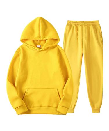 Fleece Sweatsuits Tracksuits for Men, Winter Sweatshirts Sweatpants Outfits Comfy Joggers Hoodie Workout Set Yellow Large